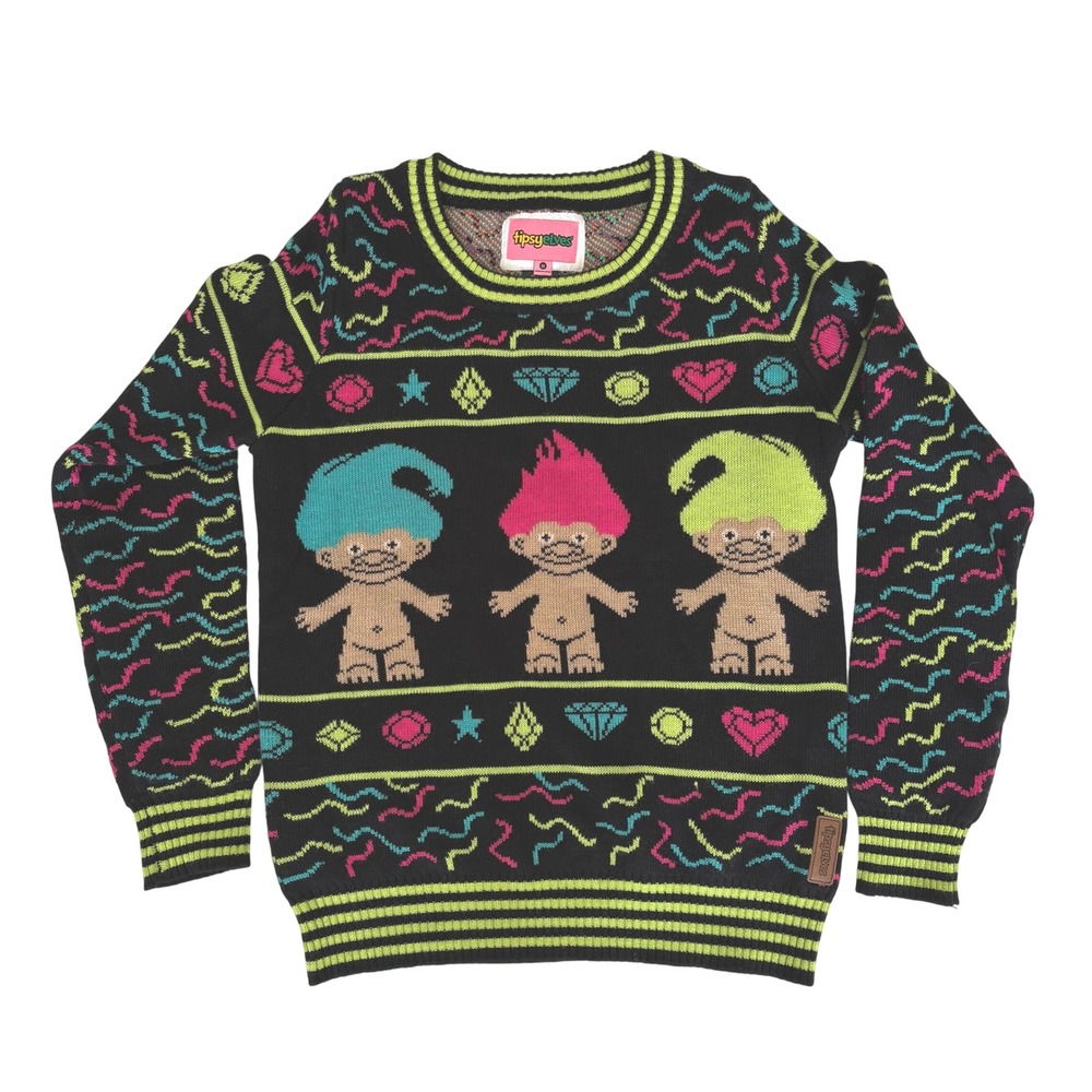 Tipsy Elves Good Luck Trolls Pullover Sweater Ugly Sweater Rare Size M Retro